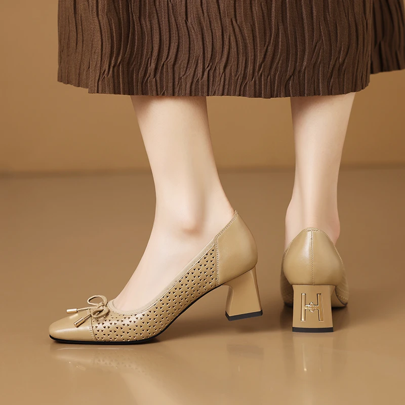 5.5cm真皮方头女士中跟单鞋春夏镂空女鞋通勤职业粗跟舒适皮鞋子