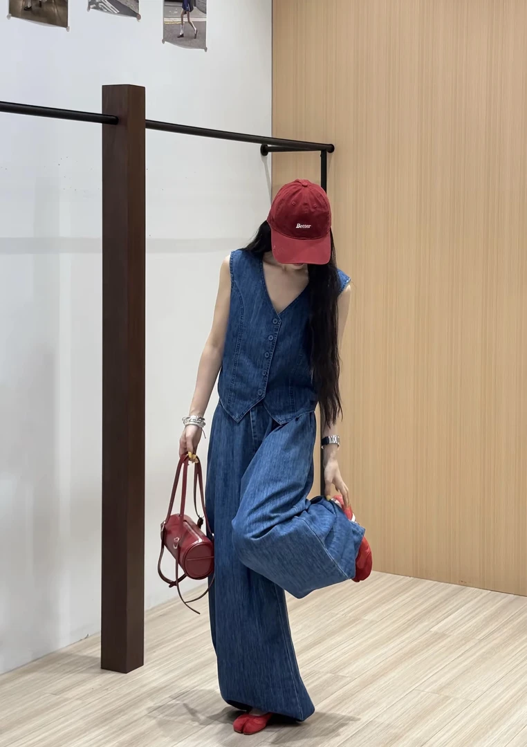 自在牛仔～复古牛仔套装气质V领马甲休闲阔腿裤两件套（后腰松紧腰）