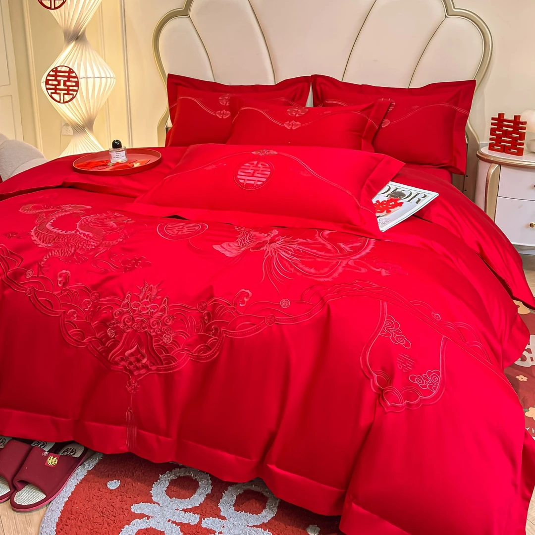 高档婚庆四件套200支全棉喜庆结婚龙凤纯棉婚嫁婚大红色床笠床品