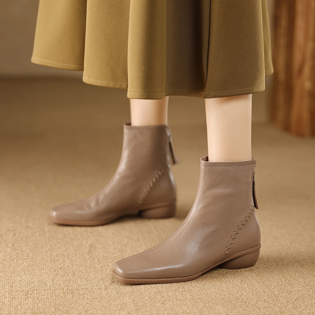 跟高3cm/羊34-40秋冬新款粗跟百搭短靴后拉链方头厚底妈妈鞋舒适