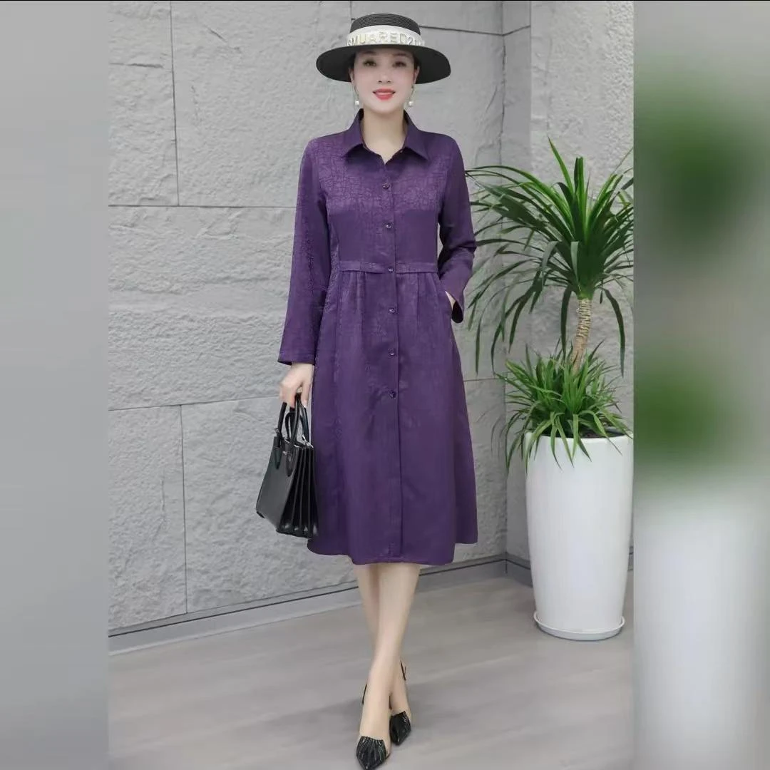 新品翻领风衣老料花萝提花长袖气质外套时尚中长款
