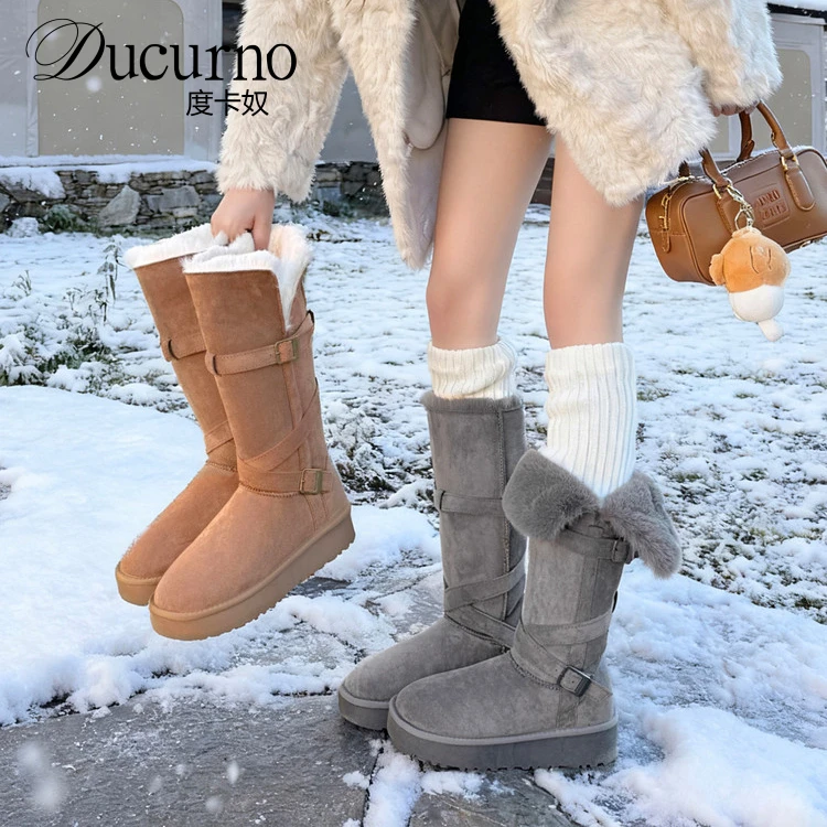 DUCURNO时尚爆款交叉皮带扣雪地靴女厚绒保暖大棉靴冬季外穿长靴