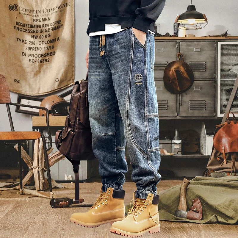 冬季加绒加厚工装牛仔裤男高端美式复古拼接哈伦裤宽松大码裤子男