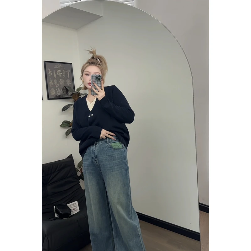 【瘦瘦】夏秋韩版大码百搭时尚外穿宽松直筒休闲绿标牛仔裤S0741