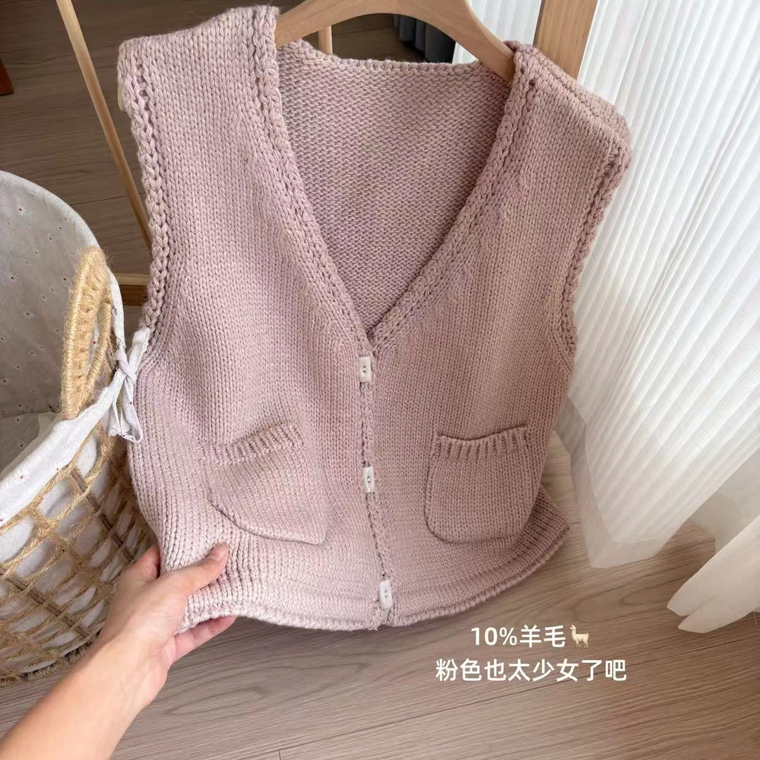 小柒家A0503-秋季宽松纯色V领毛针织马夹韩版复古外搭百搭休闲