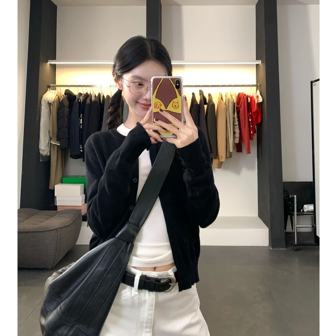 山羊绒圆领针织开衫慵懒风软糯纯色显瘦气质毛衣薄外套上衣 ST832