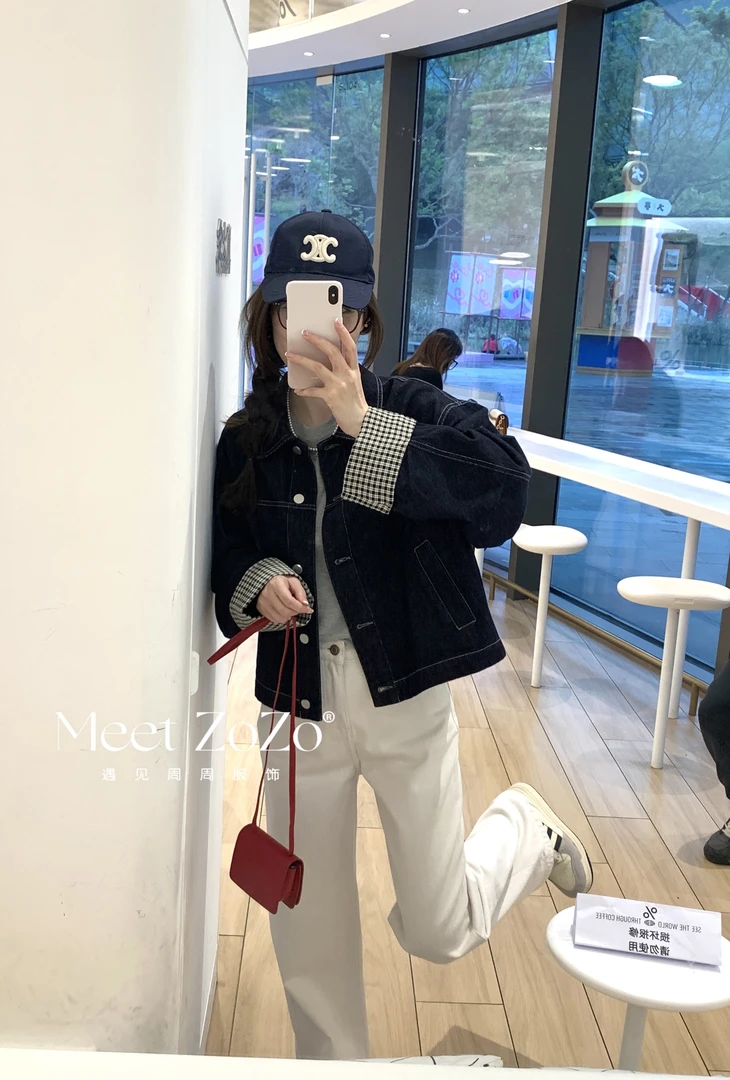 MEET ZOZO【周周】“格袖牛仔”25春秋翻领宽松拼接牛仔外套女152293