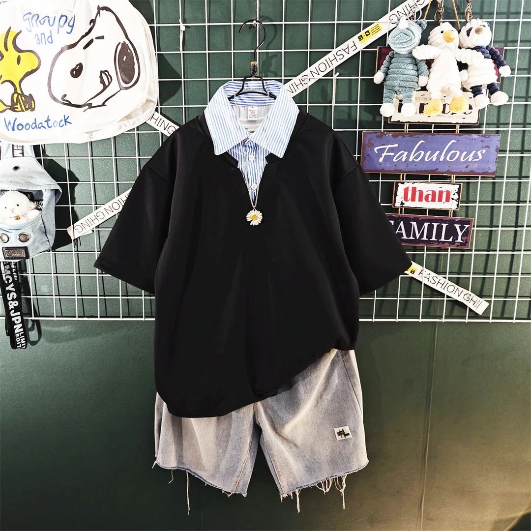 日系男生高级感假两件短袖衬衫夏季休闲套装男痞帅一套穿搭两件套