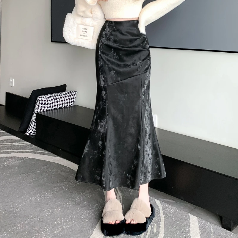 不规则PU皮中长款包臀裙女2025秋冬新款高腰显瘦遮跨鱼尾裙半身裙