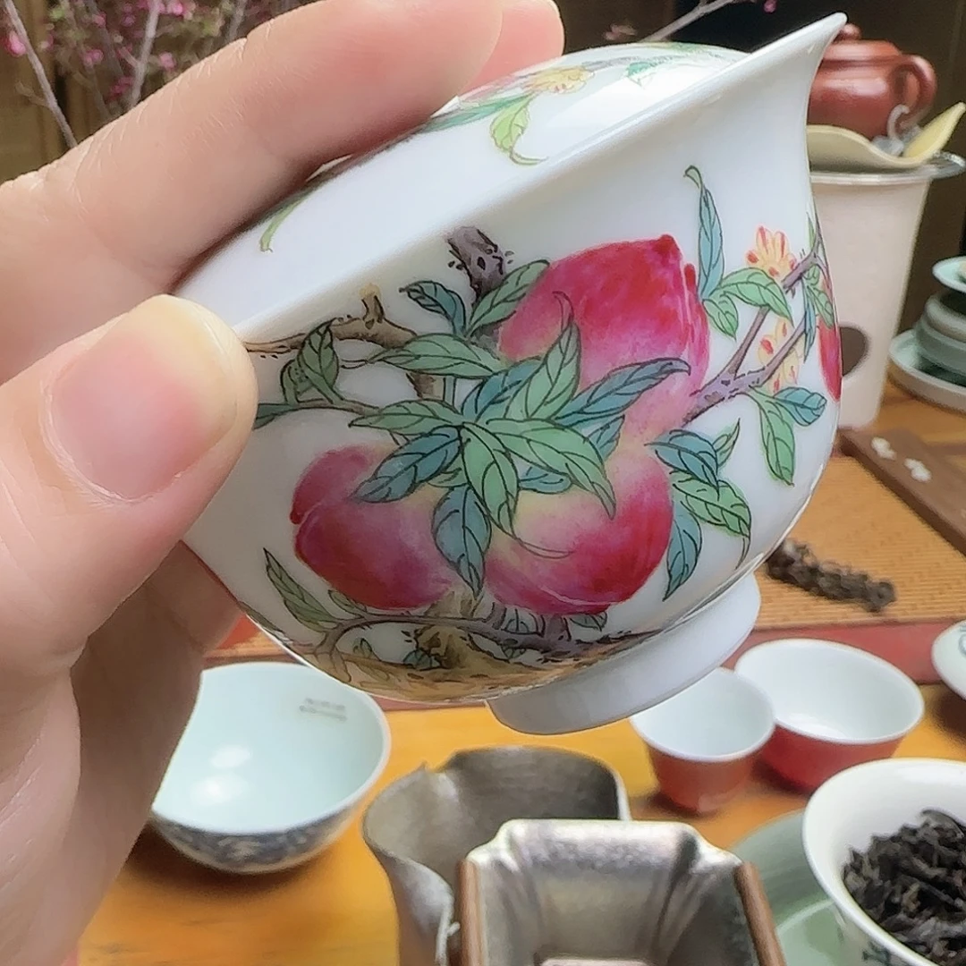 陶盖碗粉彩五桃二才盖碗微瑕