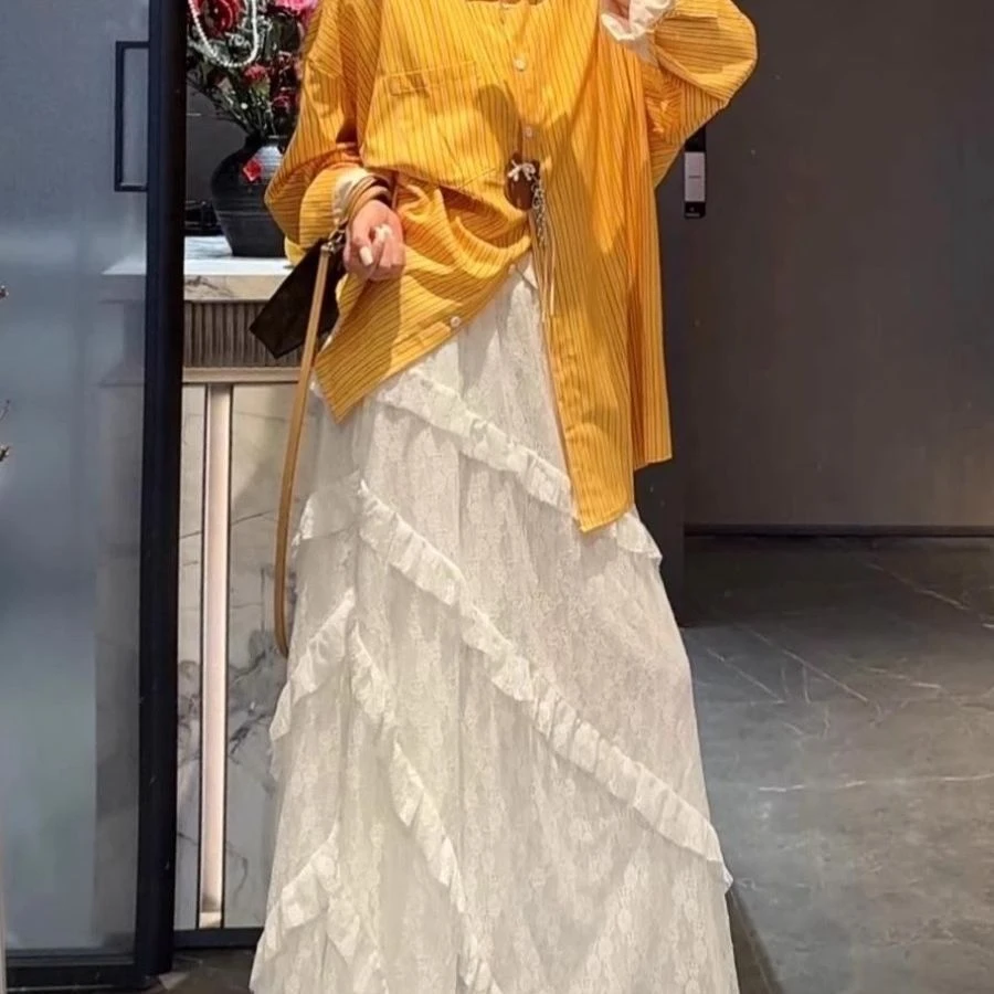 法式拼接斜纹高腰白色蕾丝半身裙女早春松紧腰显瘦网纱a字长裙A字