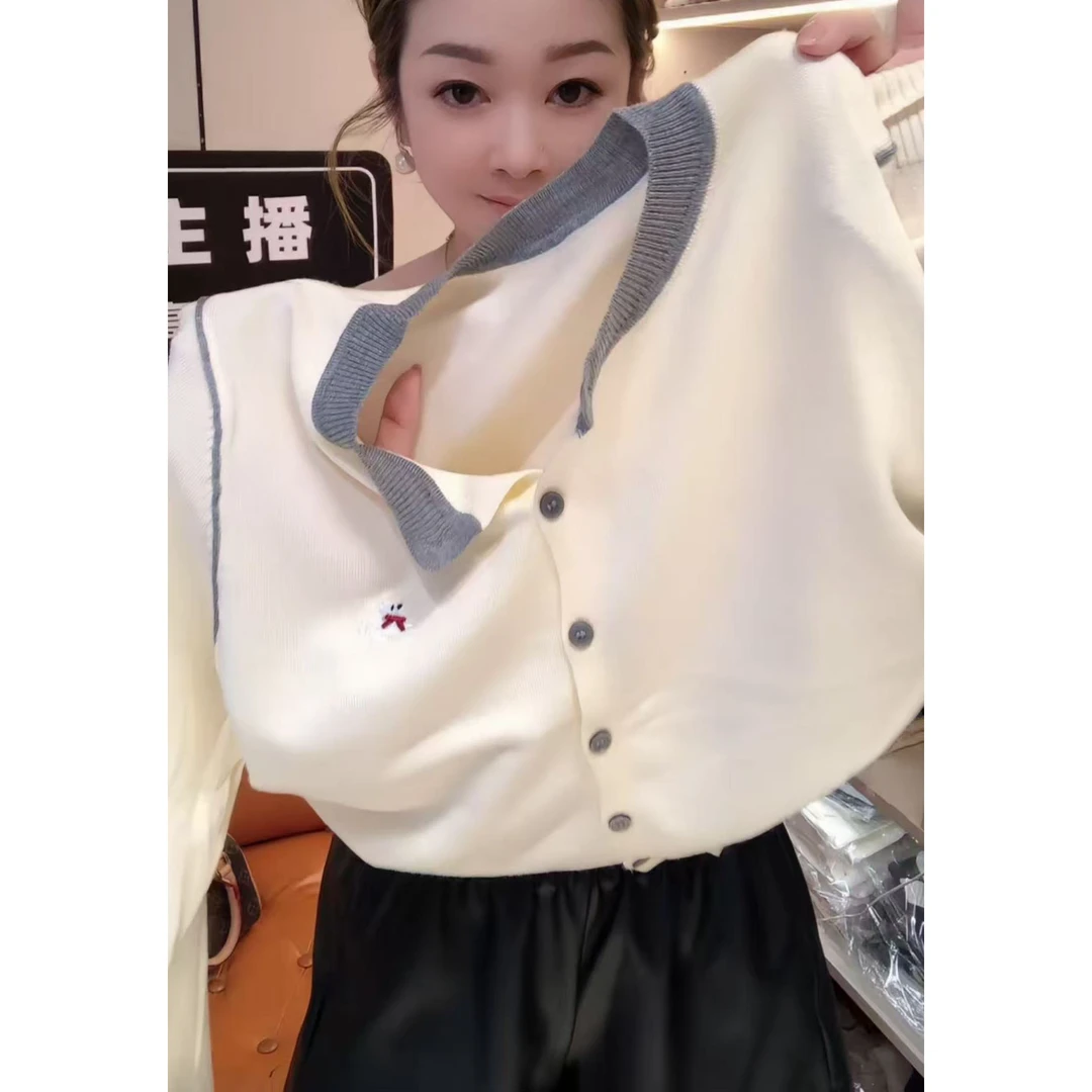 今年流行穿搭2025早秋新款温柔风圆领刺绣毛针织衫百搭长袖上衣