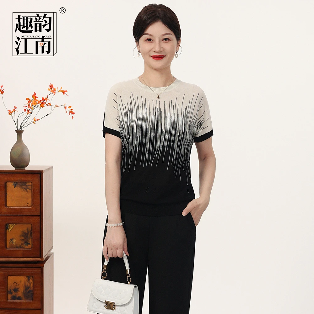 趣韵江南妈妈装洋气墨色拼接上衣时尚气质休闲百搭宽松圆领针织衫