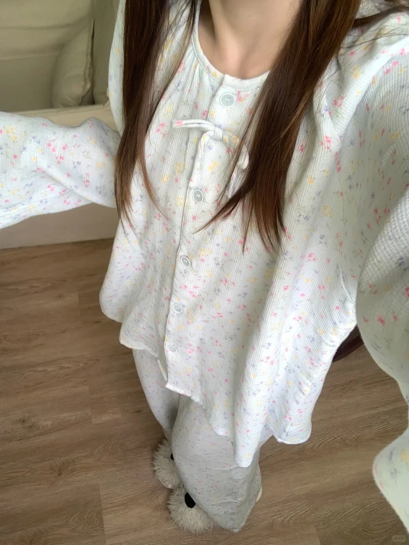 韩版甜美双层棉纱可爱碎花睡衣女早秋新款显瘦修身减龄家居服套装