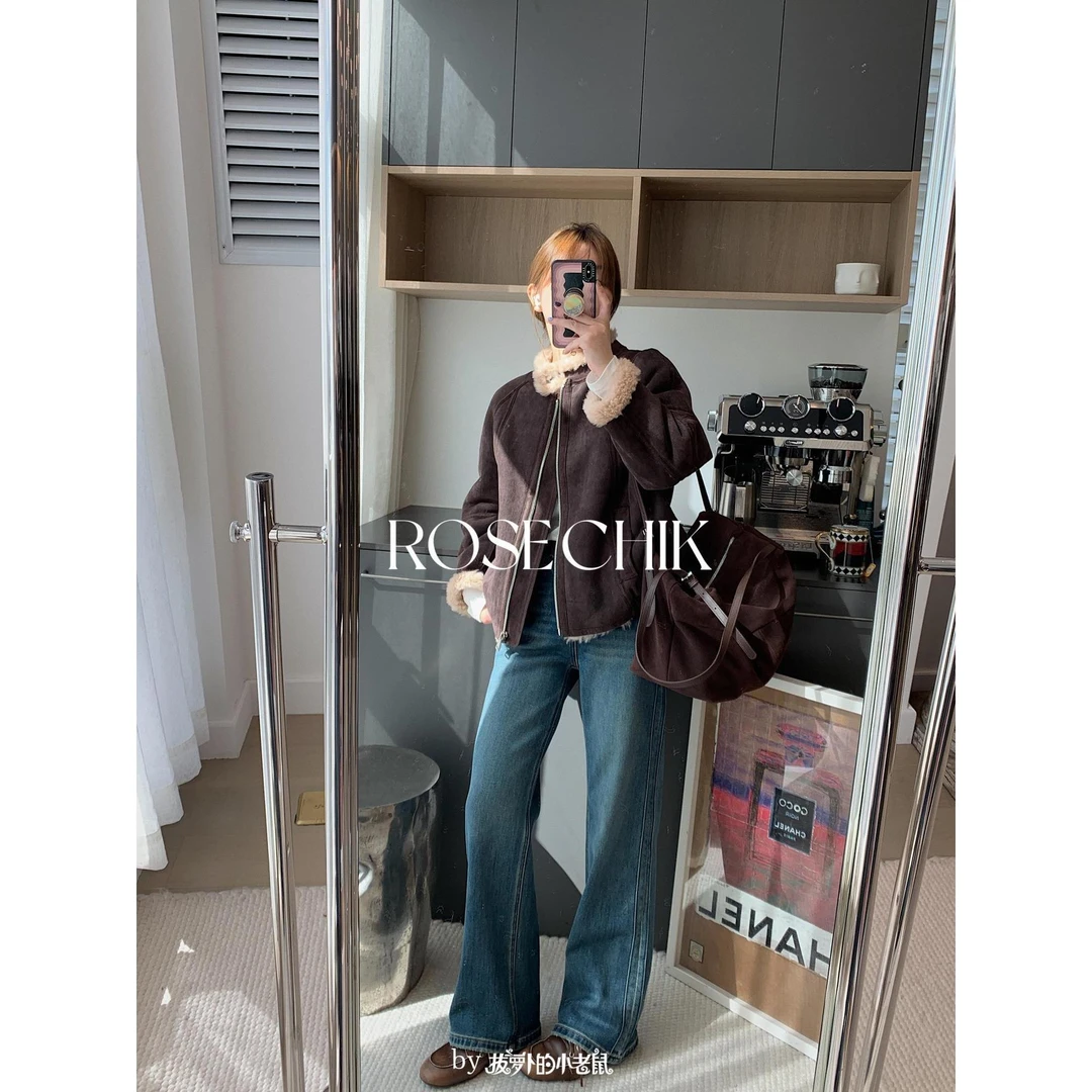 加绒加厚皮毛一体短外套女韩版冬装新款气质百搭立领机车服