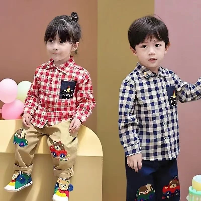 （现货）儿童春秋洋气休闲格子款生日熊春季长袖翻领衬衫宝宝休闲