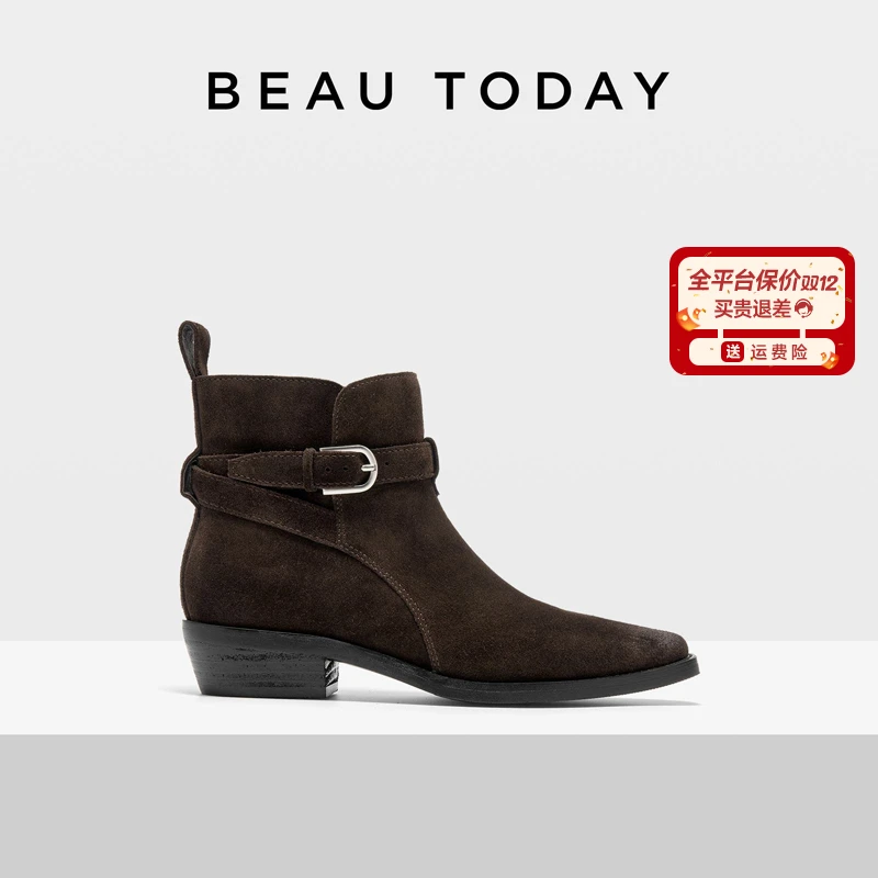 BeauToday【羊皮】尖头切尔西靴子金属搭扣复古反绒粗跟秋冬时装靴