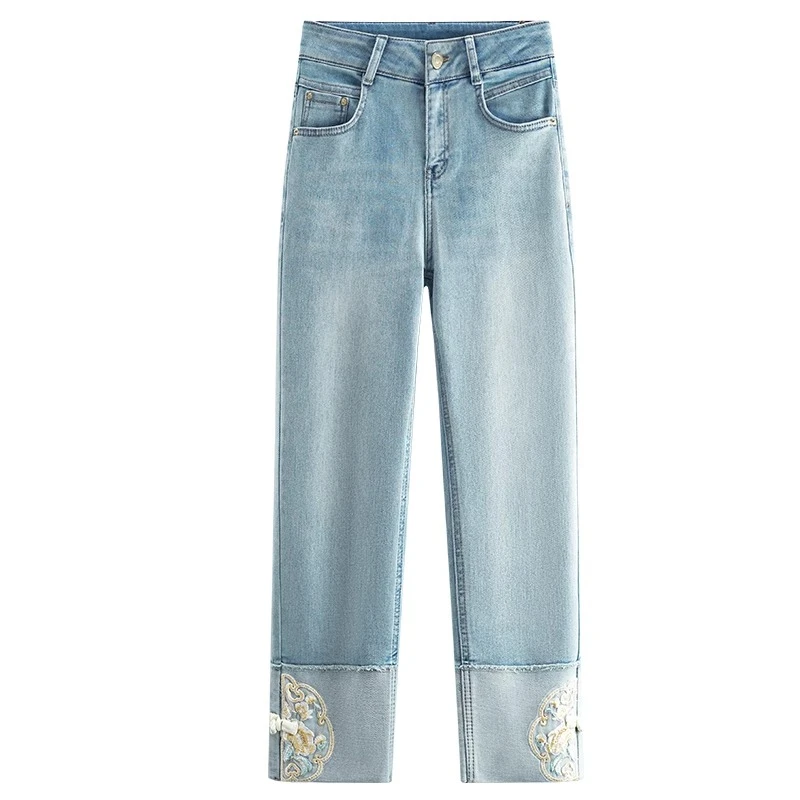 La babite 刺绣盘扣牛仔烟管裤女2025春夏秋国风九分浅蓝色直筒裤