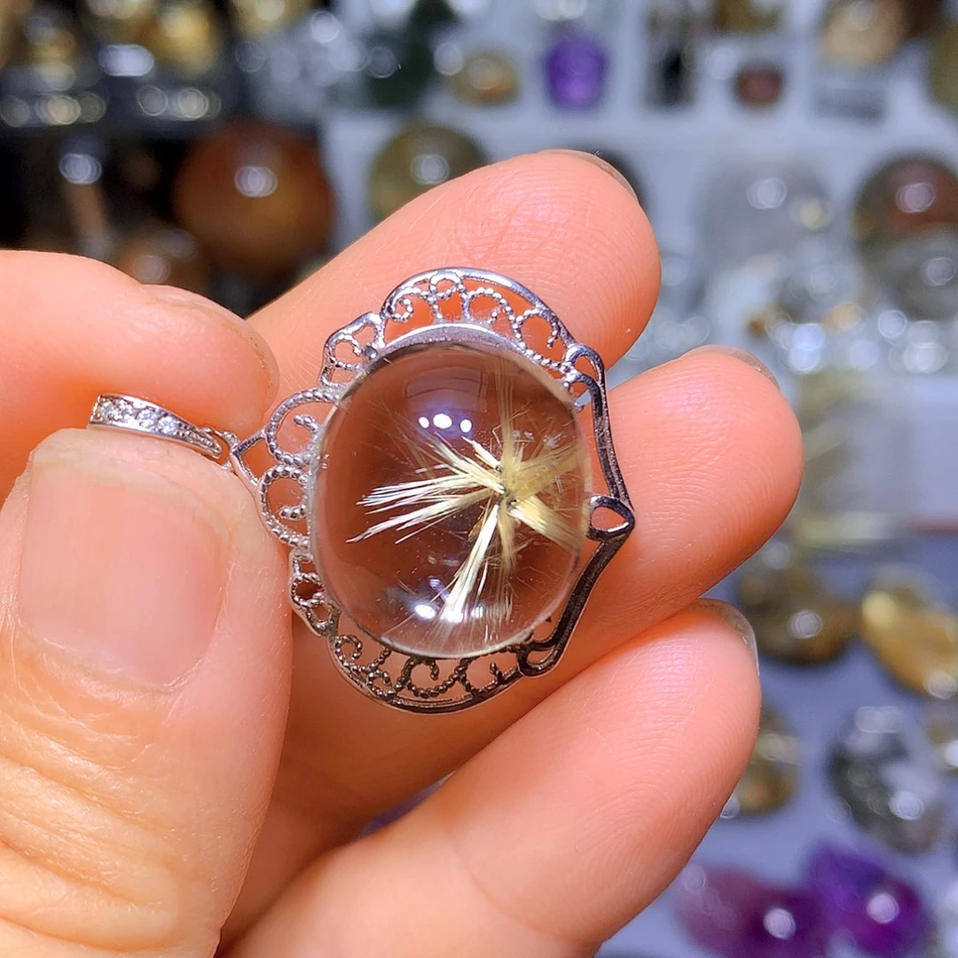 水晶吊坠银S925镶嵌天然水晶