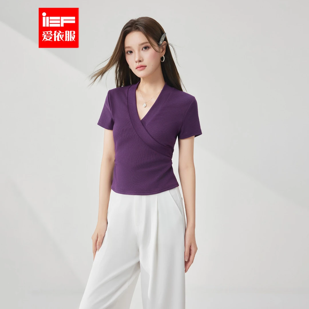 IEF/爱依服2025夏季新款法式成熟女人味V领通勤修身百搭短袖上衣
