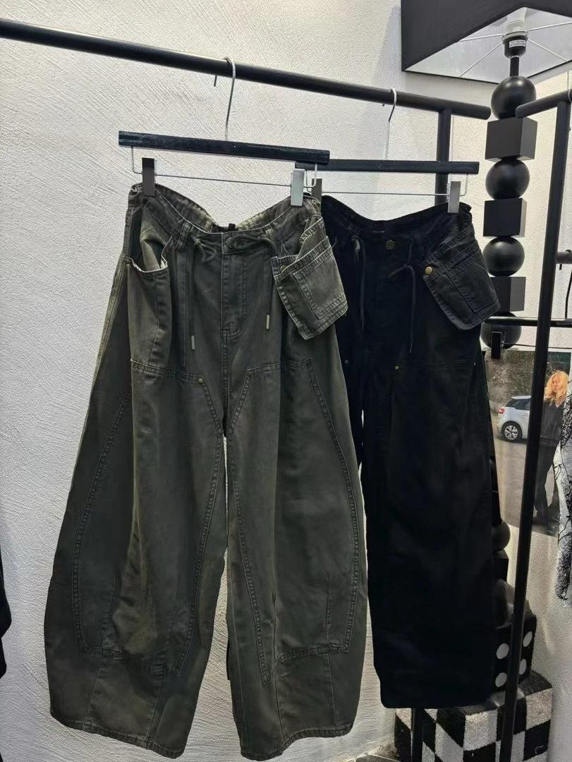 小北夏季美式个性口袋抽绳阔腿工装牛仔裤女