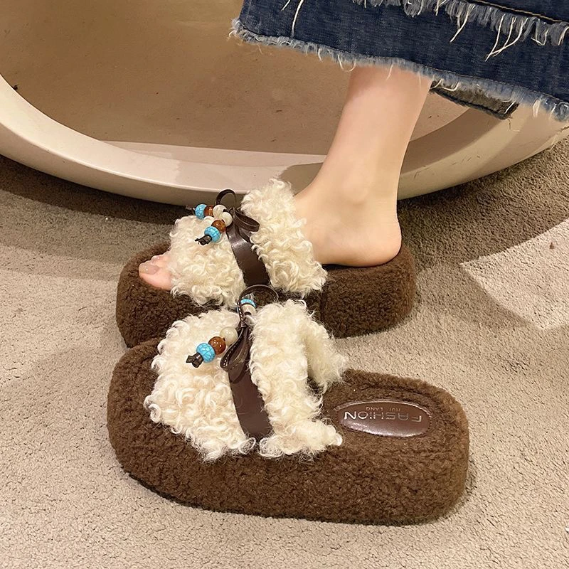 网红高级感毛毛拖鞋女外穿2025新款秋冬季厚底增高羊羔毛绒棉拖鞋
