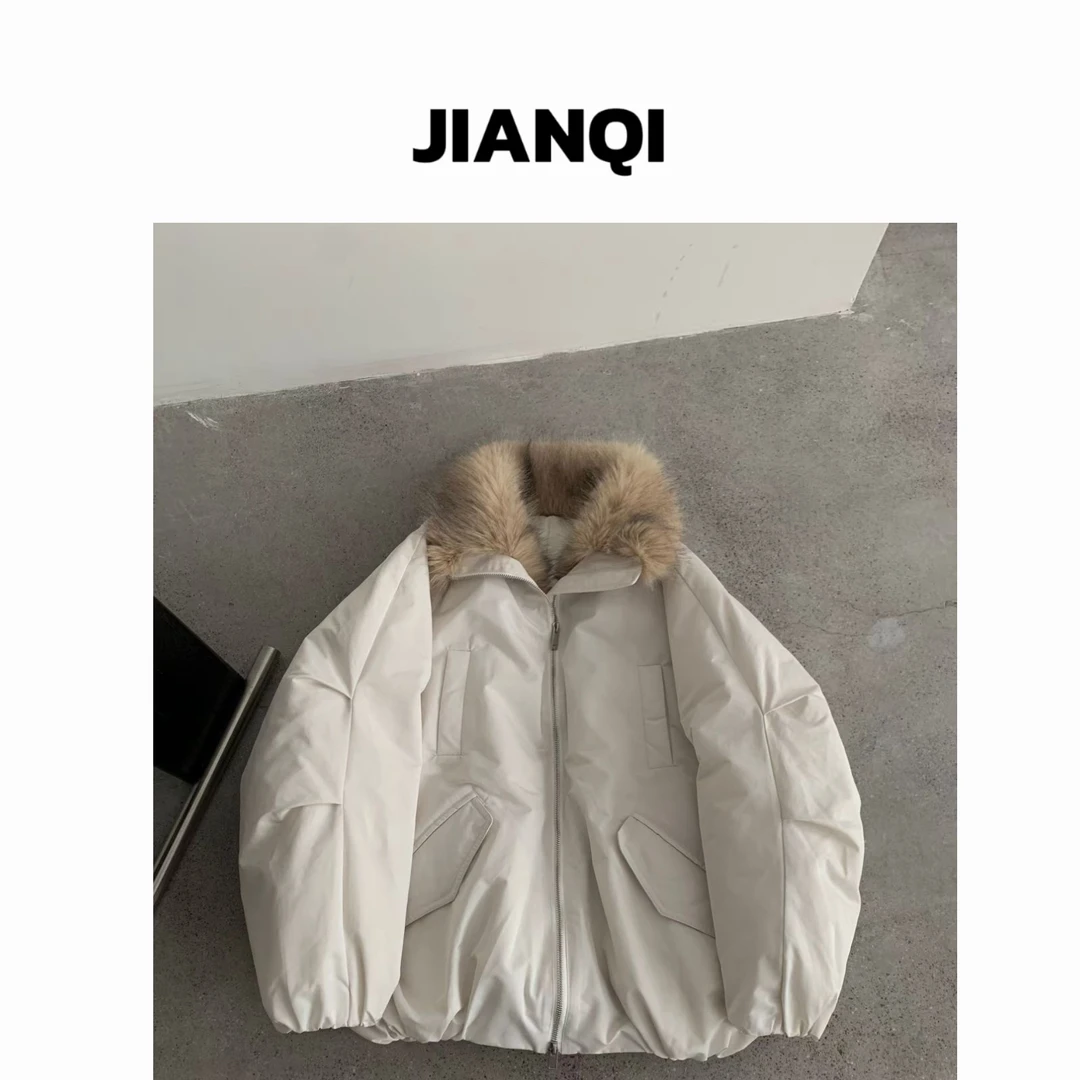 JIANQI 韩国代购  冬季 90 鸭绒休闲宽松狐狸毛领短款羽绒服