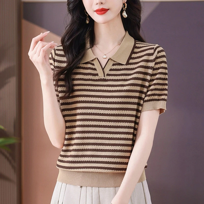 时尚女装品牌2025夏季新款显瘦翻领条纹短袖T恤女时尚百搭上衣女