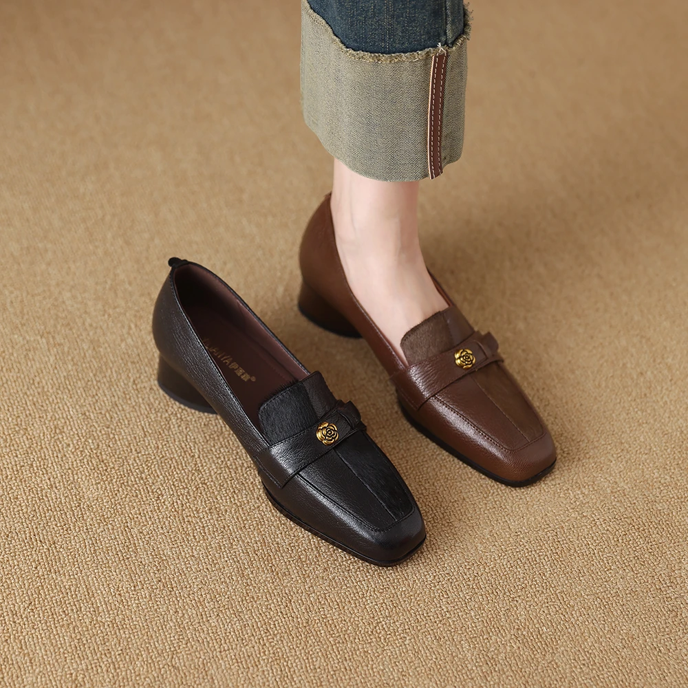 158-81单鞋女真皮2025春季新款粗跟中跟鞋法式复古羊皮鞋