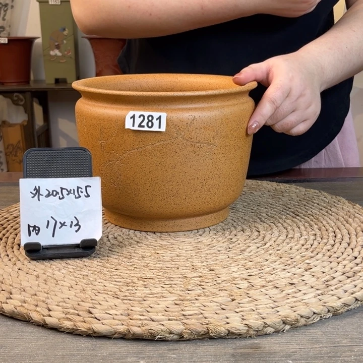 花盆紫砂 柴烧鱼趣刻绘小缸1281