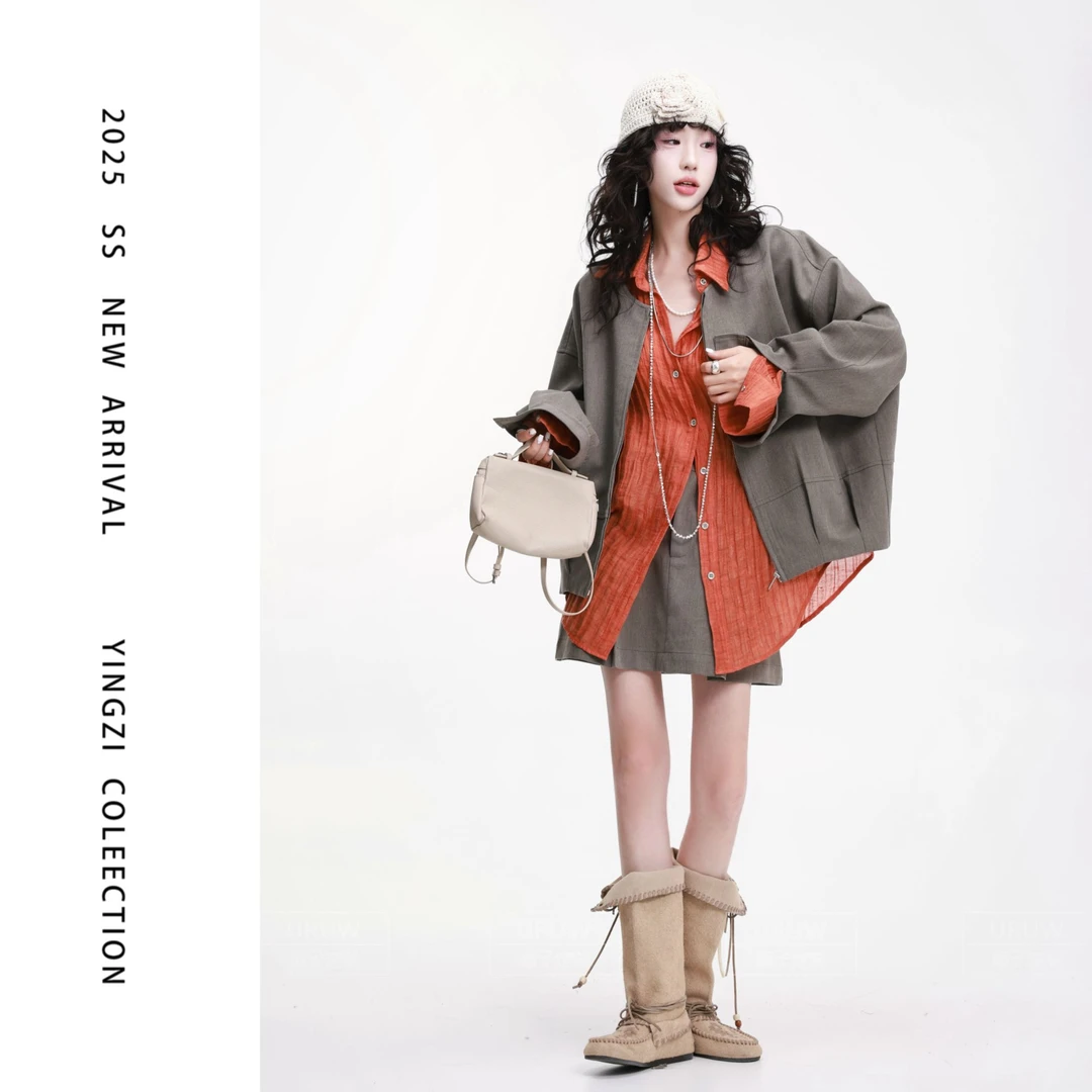 颖子定制【复古周末】复古文艺宽松休闲外套女新款显瘦半身裙9790