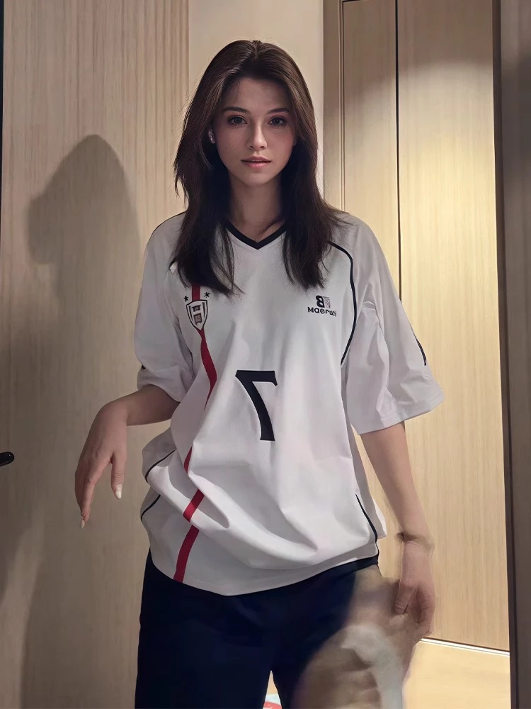 美式复古v领短袖t恤女夏季新款撞色拼接运动球衣凉感速干情侣上衣