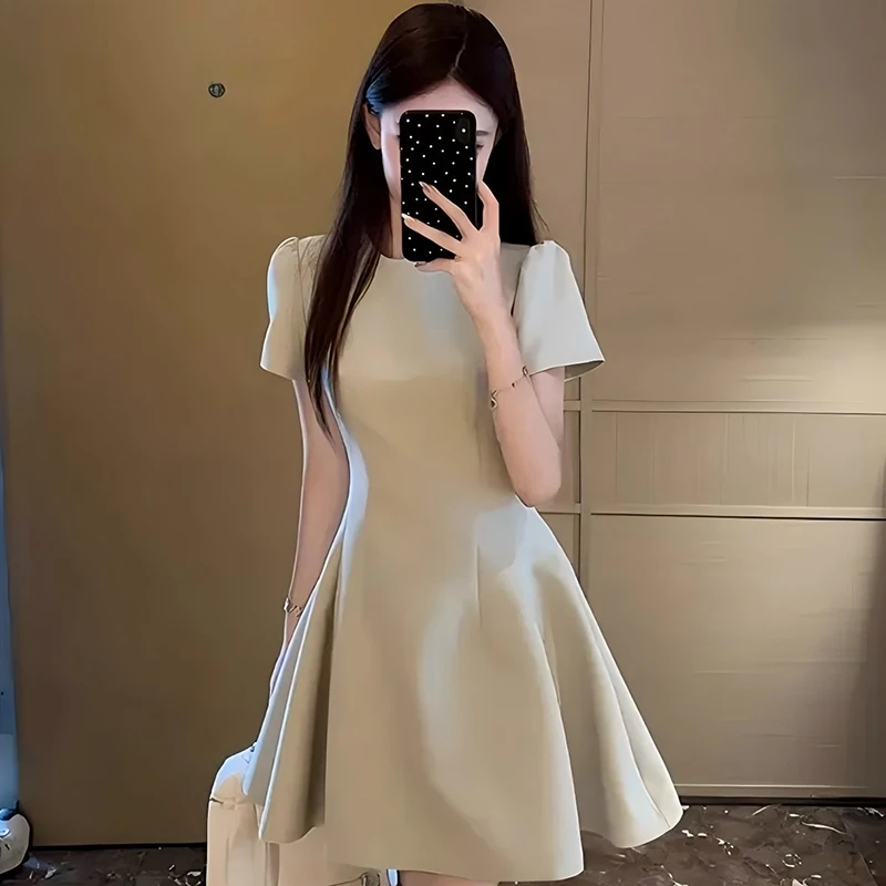 【有内衬】绿色短袖连衣裙夏季法式气质小个子高级感收腰短裙D1263