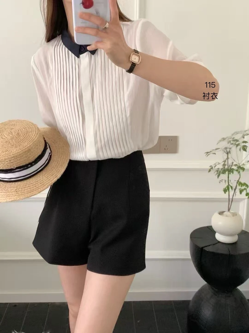 115夏季新款拼色领风琴褶皱设计短袖衬衫