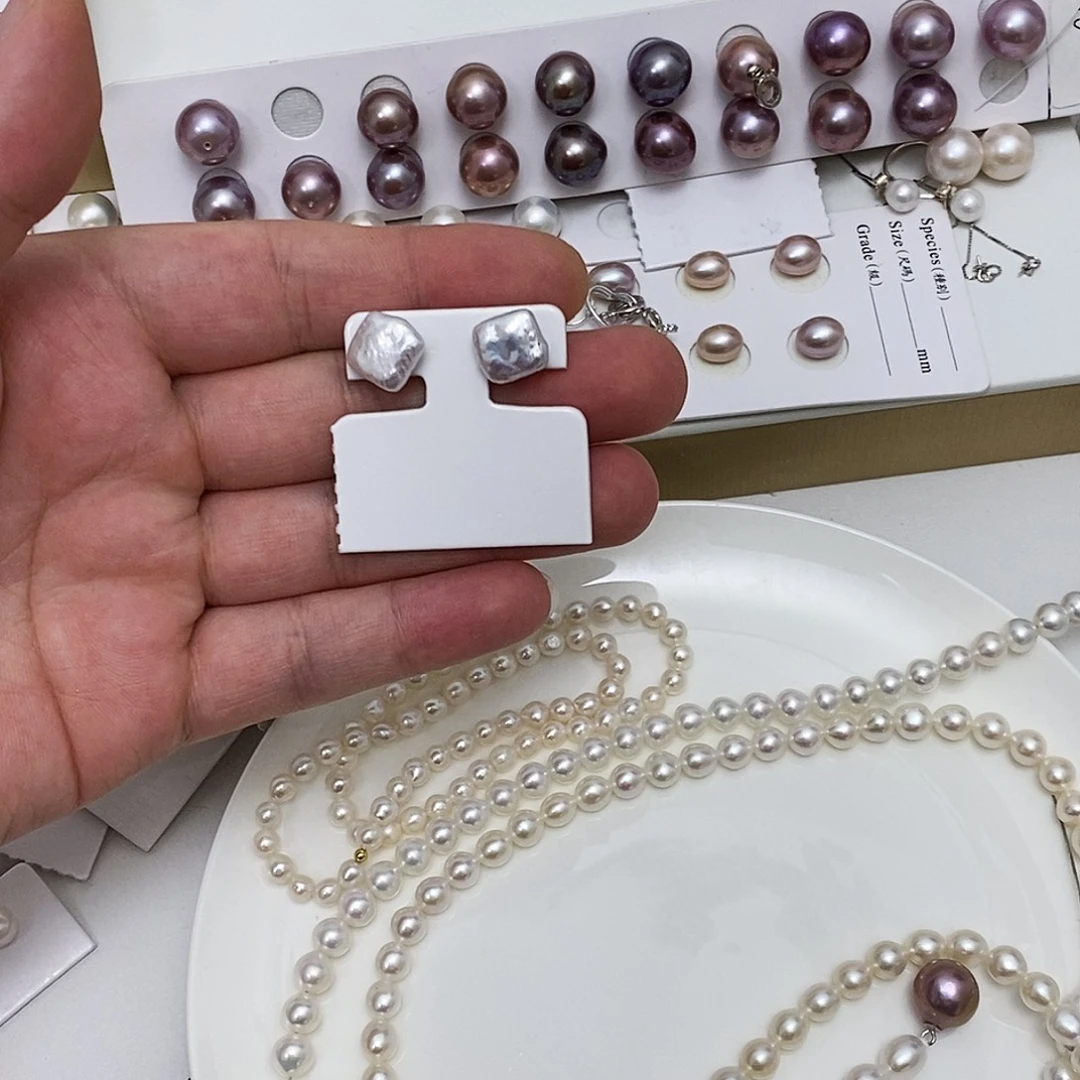 银S925镶嵌淡水珍珠方巴耳钉