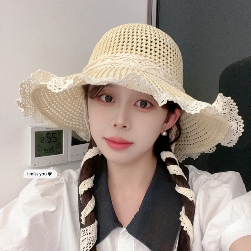 法式草编大沿蕾丝绑带草帽子2025女出游海边甜美遮阳沙滩折叠太阳