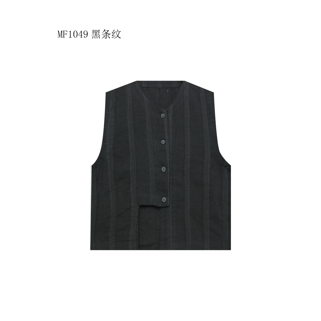 【麻訪家】MF1049黑条纹文艺设计感休闲坎肩开衫马甲上衣