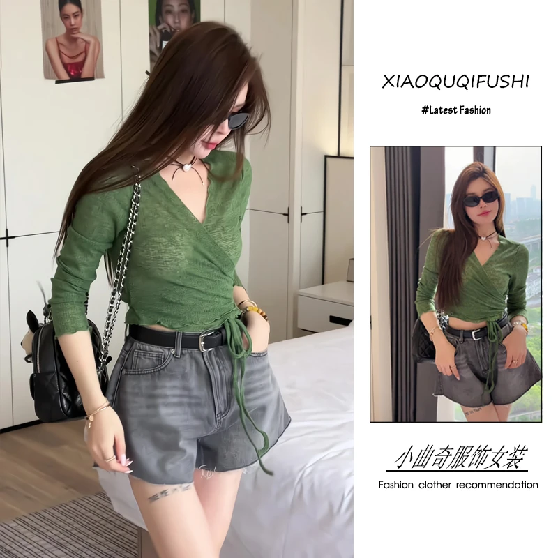 2025年夏季韩系复古风时尚潮流百搭精品女装绑带上衣牛仔裤两件套