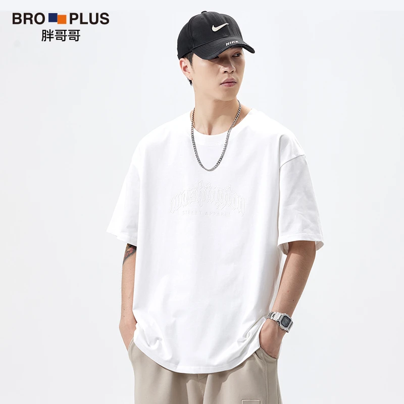 胖哥哥高街美式加大码宽松男士夏季高级感白100%纯棉白色短袖T恤