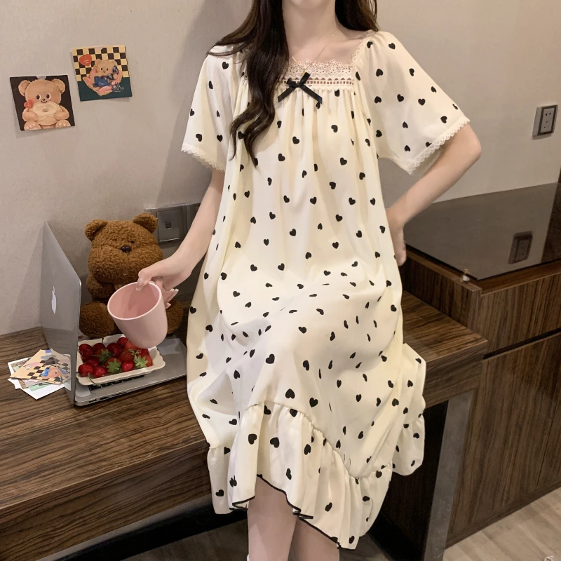 云朵棉加肥大码睡衣女夏季甜美蕾丝短袖中长睡裙家居服1304