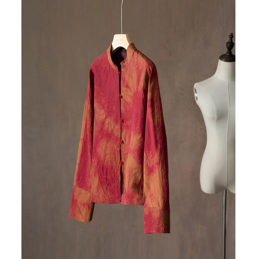 SILVIYE双面扎染100桑蚕丝真丝红云纱龟纹外套国风开衫春YSDW044