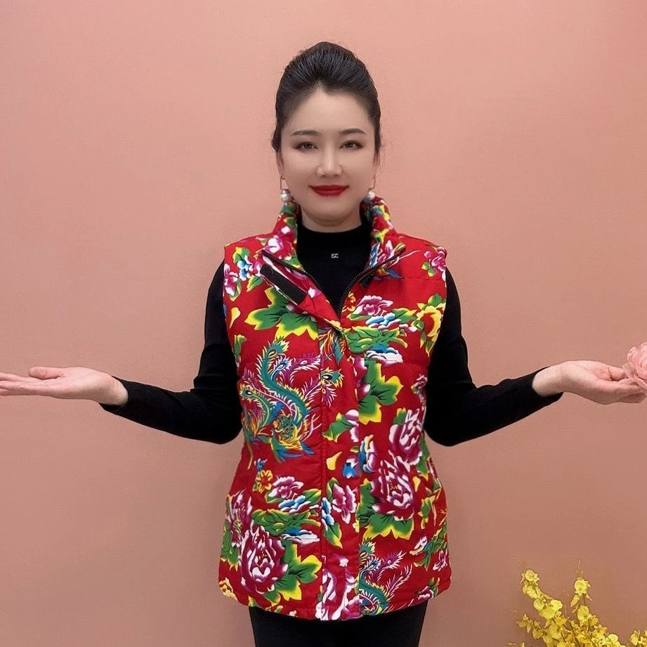 东北花布马甲大花冬季保暖外套宽松坎肩背心潮流