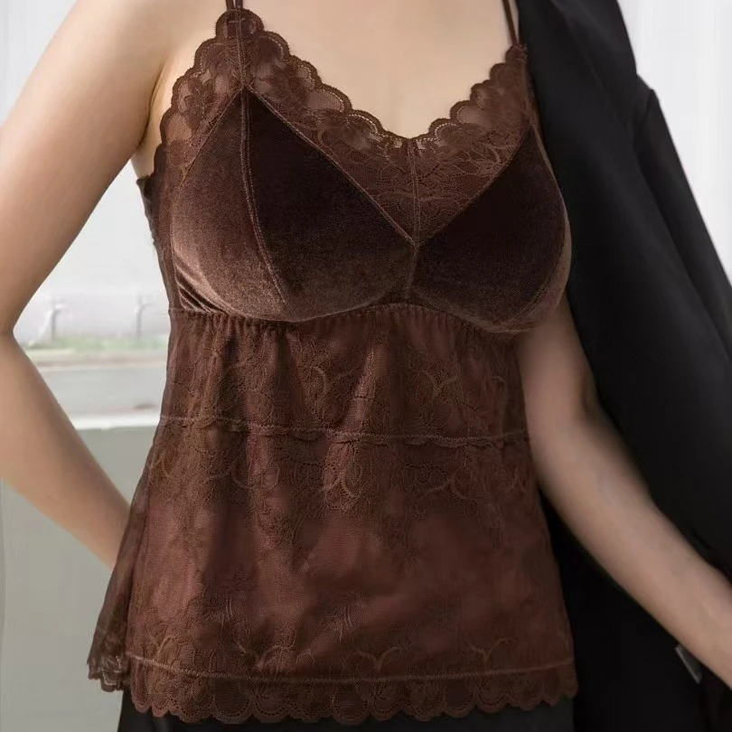 保暖植物花卉保暖背心双层蕾丝加绒吊带背心