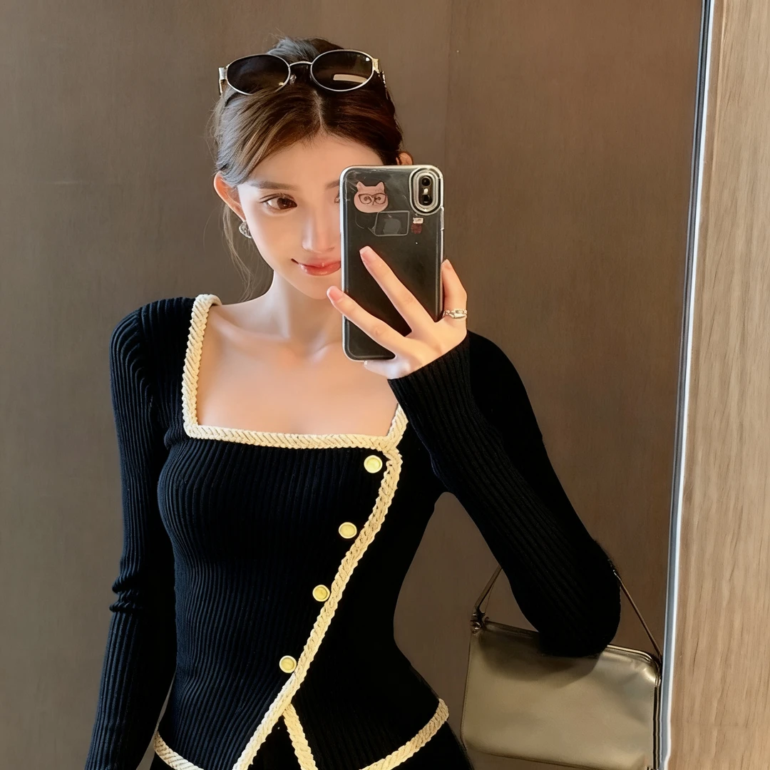 秋冬小香风超好看方领长袖针织衫时髦高级感小众显瘦打底毛衣