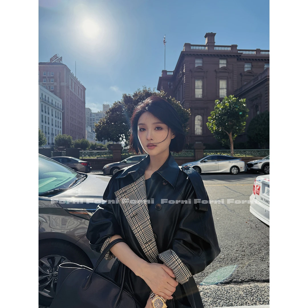 FORNI 鱼子酱大衣 油蜡PU皮拼接格纹廓形皮风衣