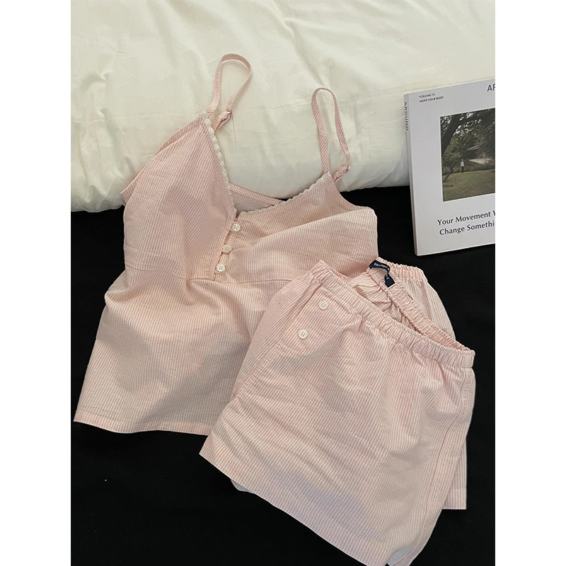 韩系甜美简约纯欲吊带睡衣女夏季新款亲肤舒适短裤外穿家居服套装