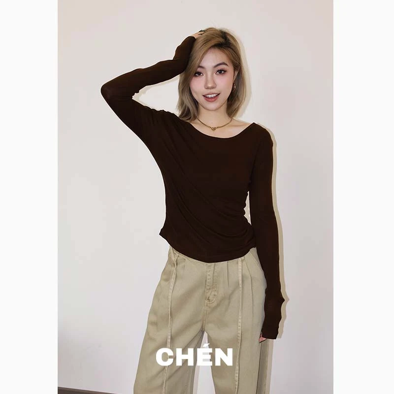 【蝴蝶背】晨总自制气质款春季休闲U领薄款露背长袖T恤女