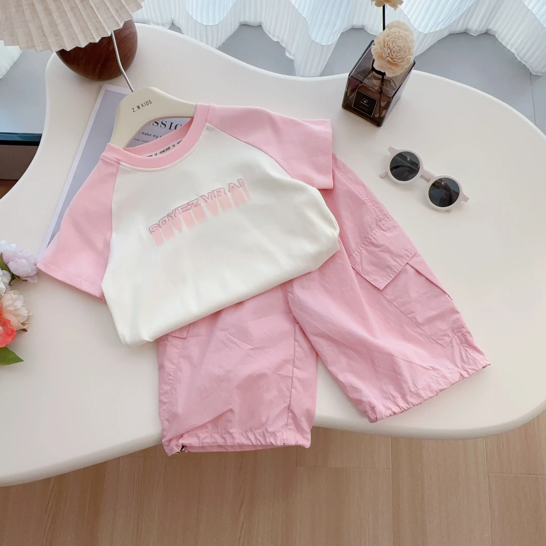 2025夏季新款小清新撞色短袖工装短裤H-19443女童插肩袖两件套