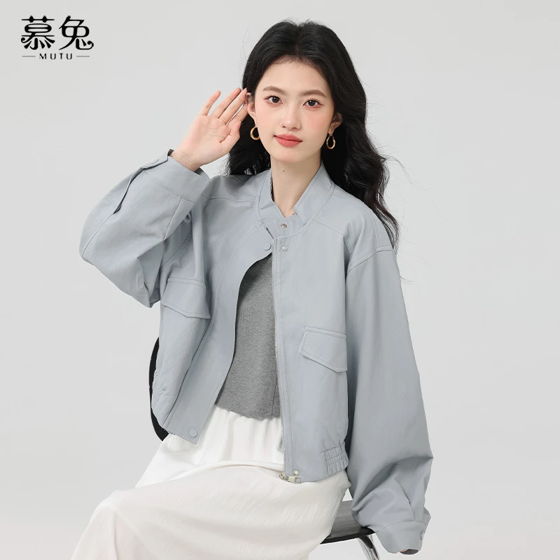 慕兔复古PU皮衣立领夹克外套女2025春季新款宽松机车服短款上衣