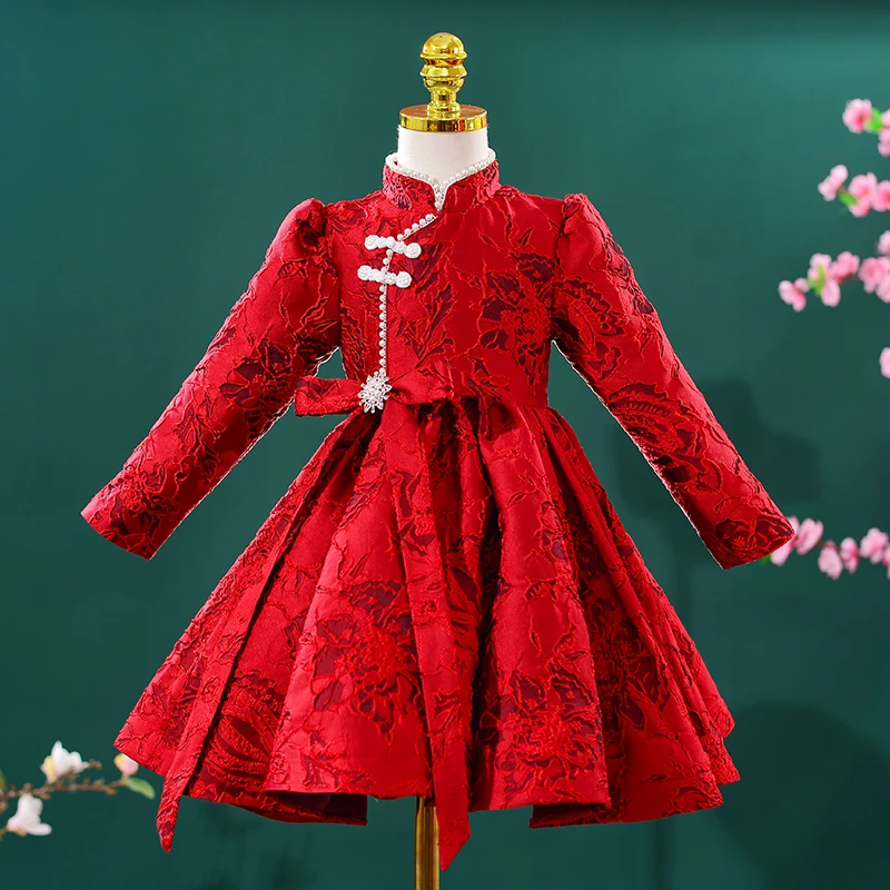 7805秋冬女童裙子中国风旗袍童装加绒连衣裙小女孩冬季长袖公主裙